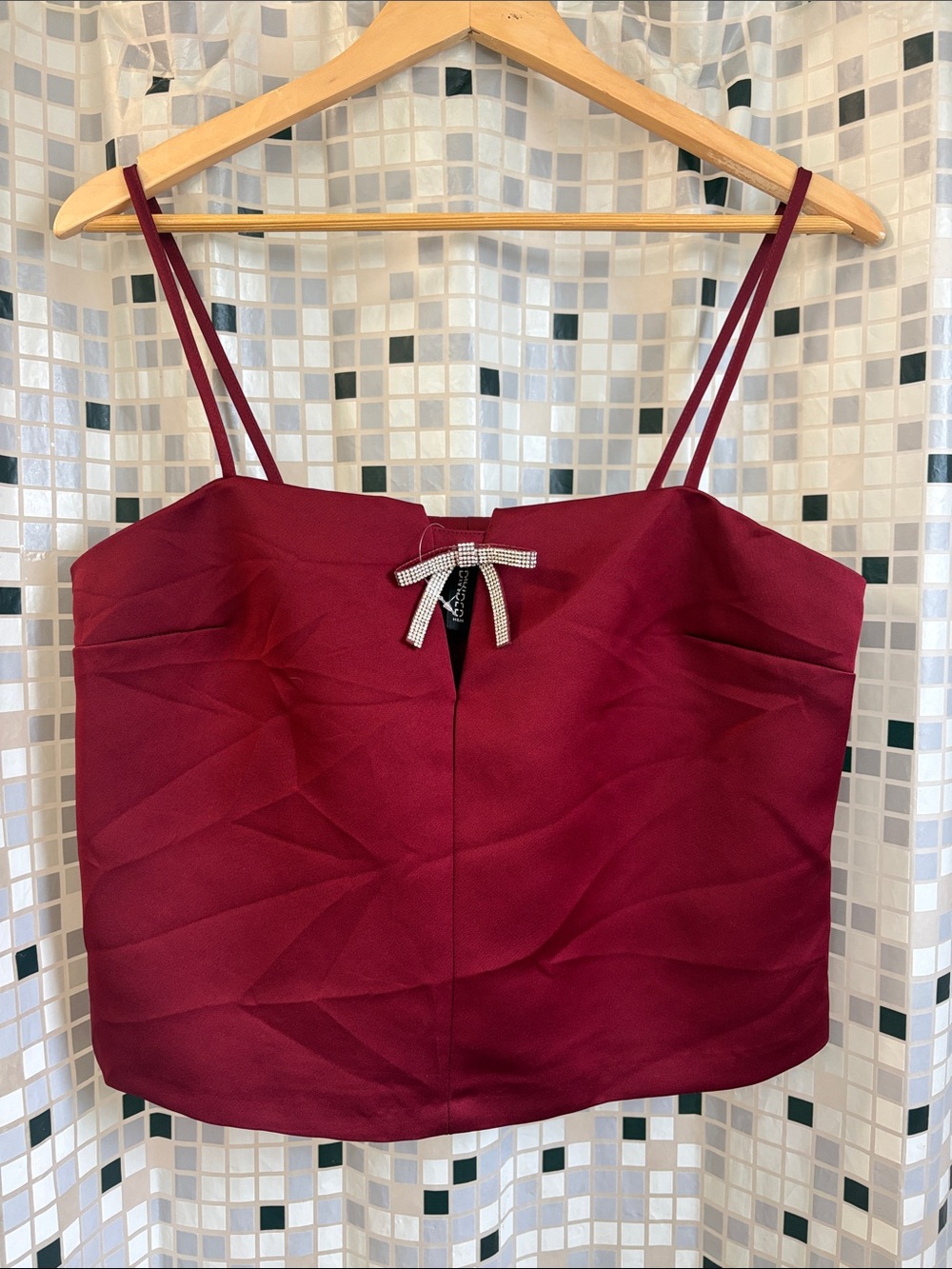 H&M Burgundy Satin Cropped Cami with Rhinestone Bow Accent